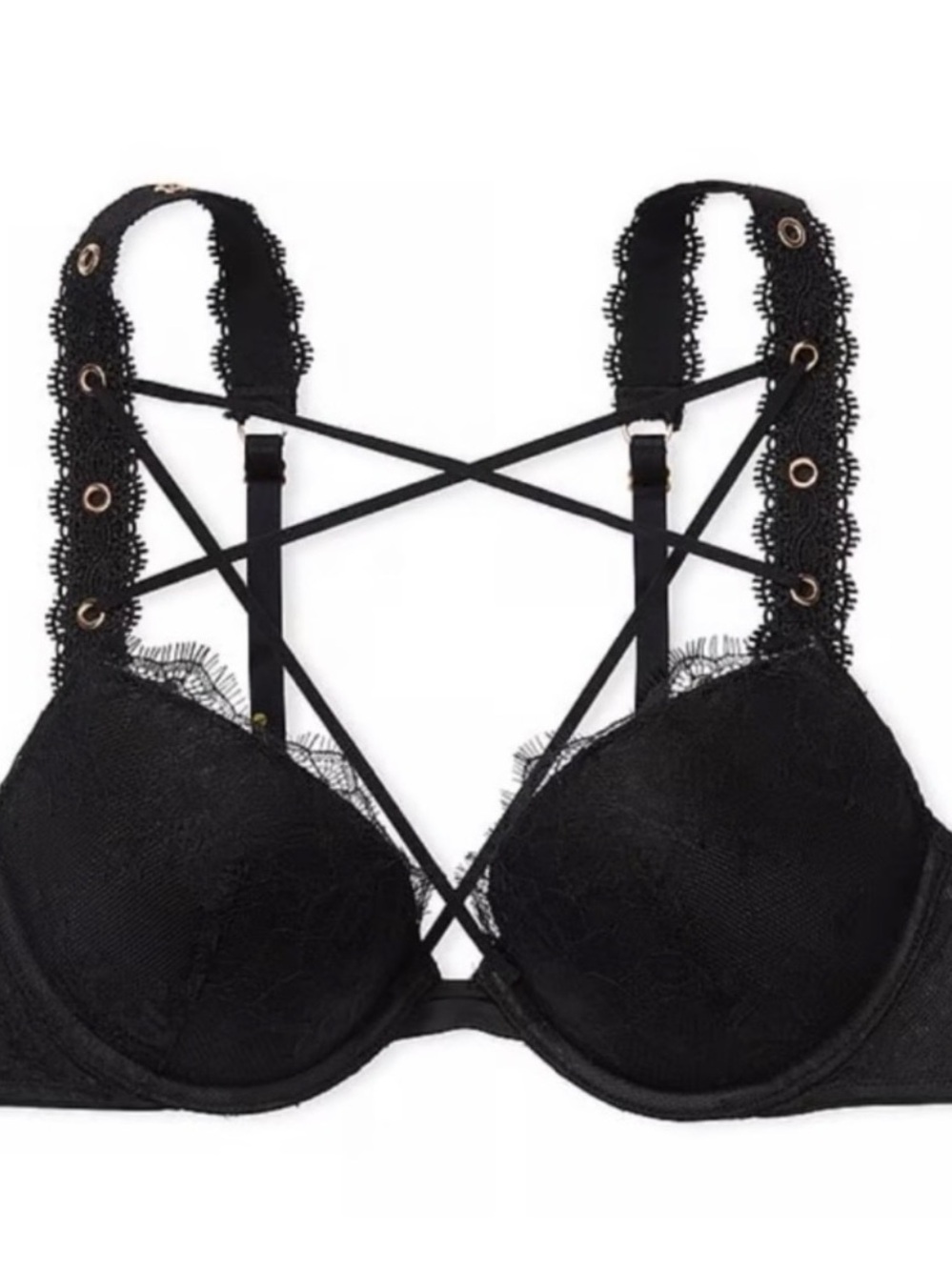 Victorias Secret Very Sexy Unlined Demi Bra Strappy 38DD Black Lace Up Front